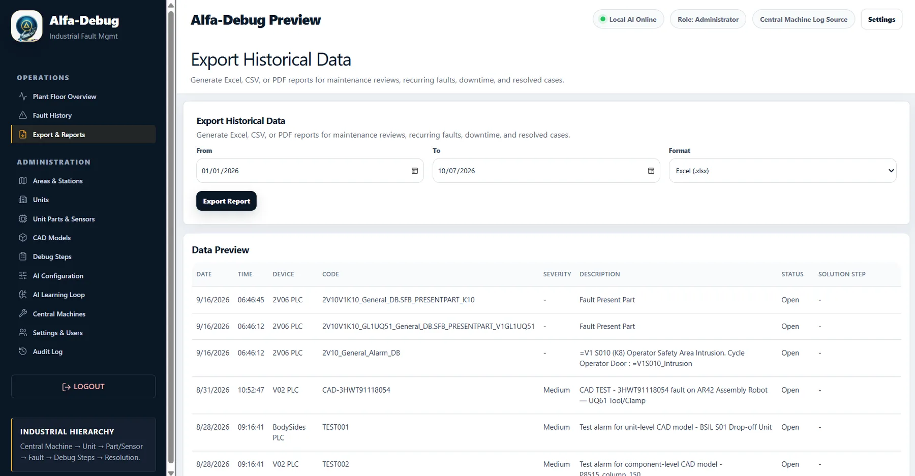 Historical data export