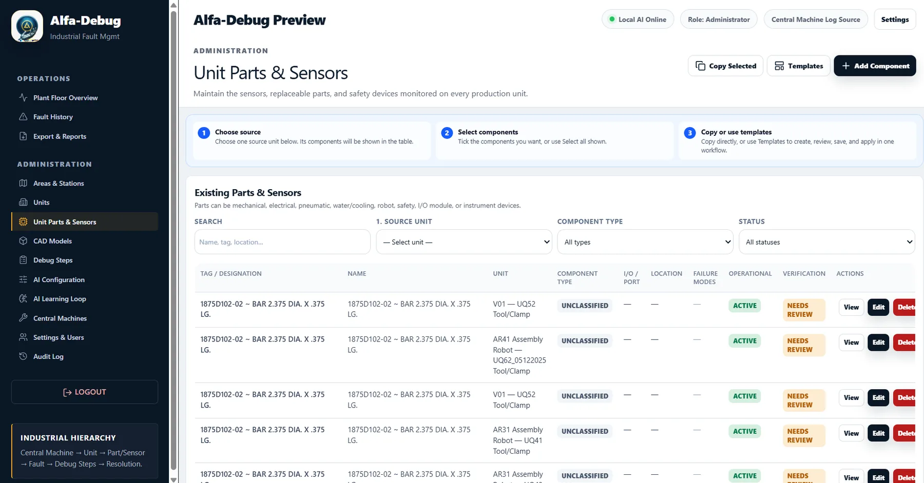 Unit parts and sensors registry