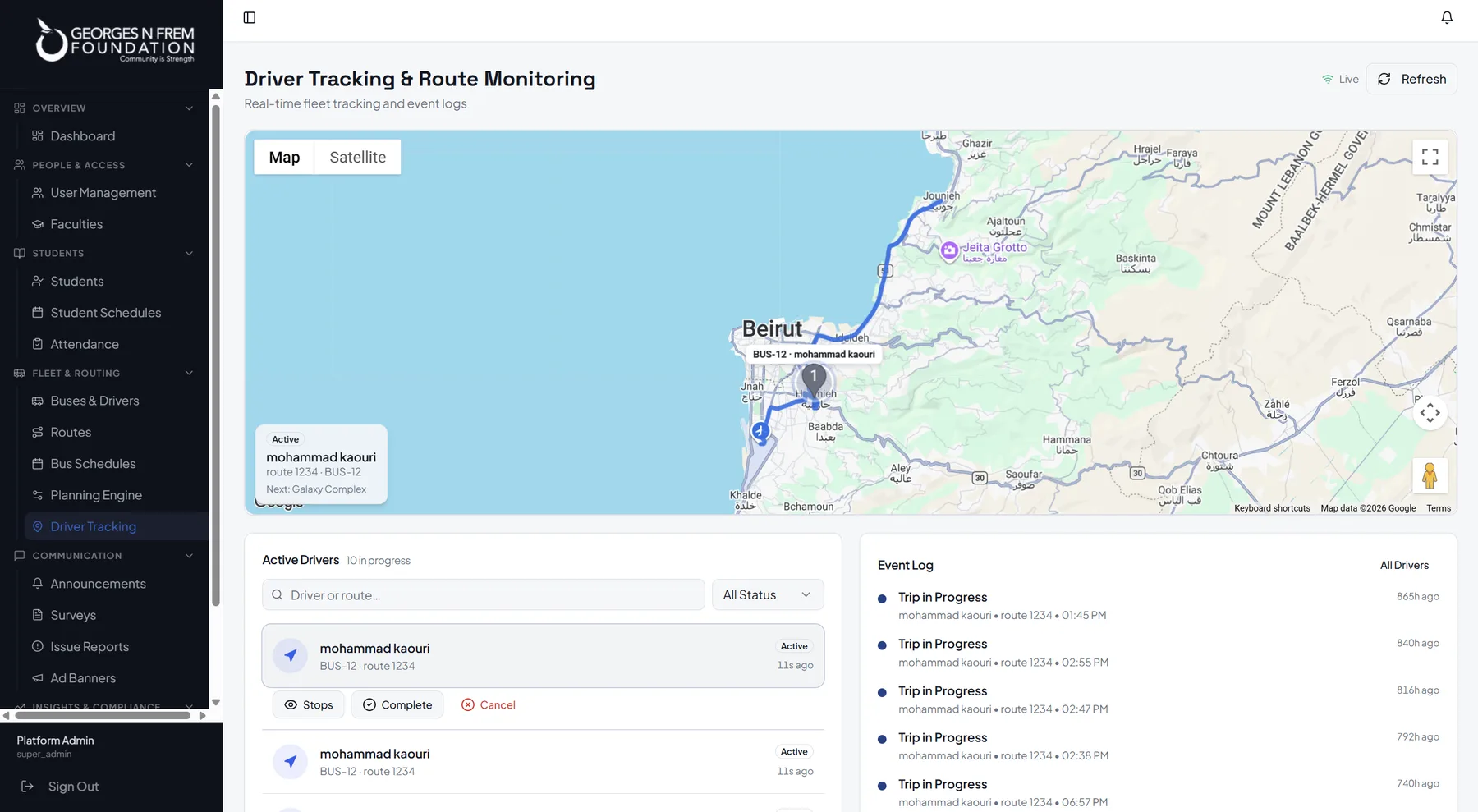Live driver tracking and route monitoring